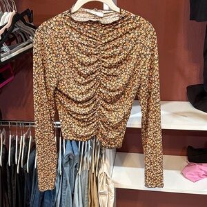 Lush Floral Ruched Blouse - Orange and Brown